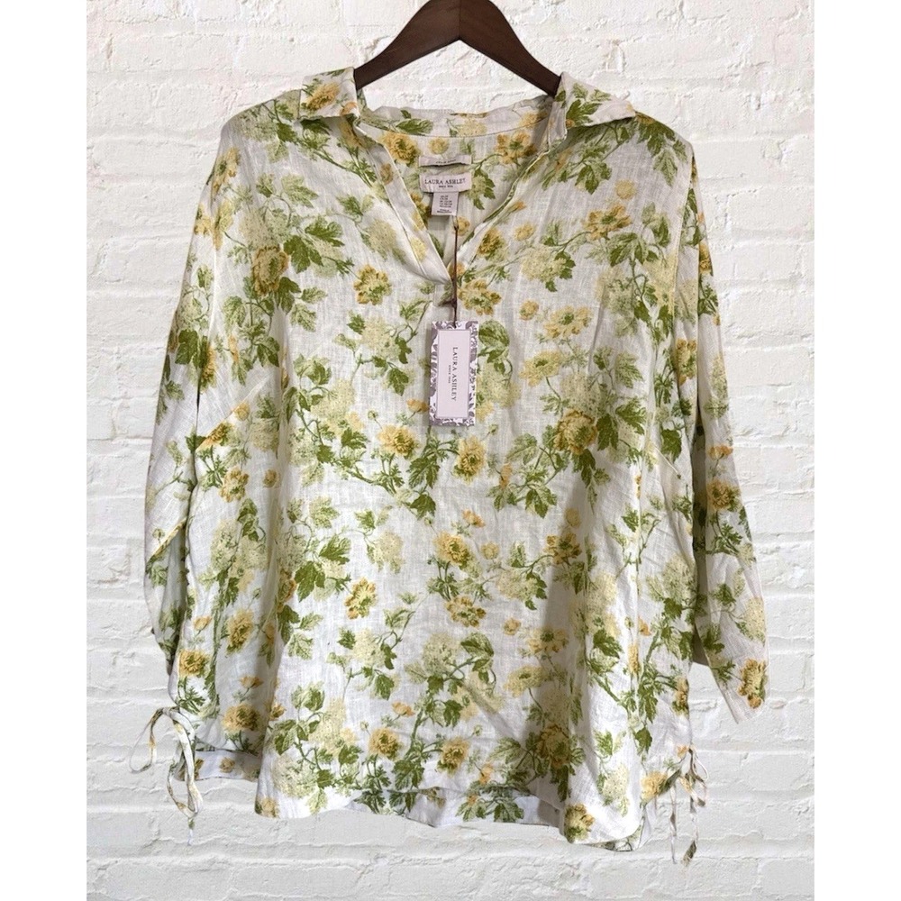 Laura Ashley Blouse Womens 2X 100% Linen Floral Tunic Green Yellow White V-Neck